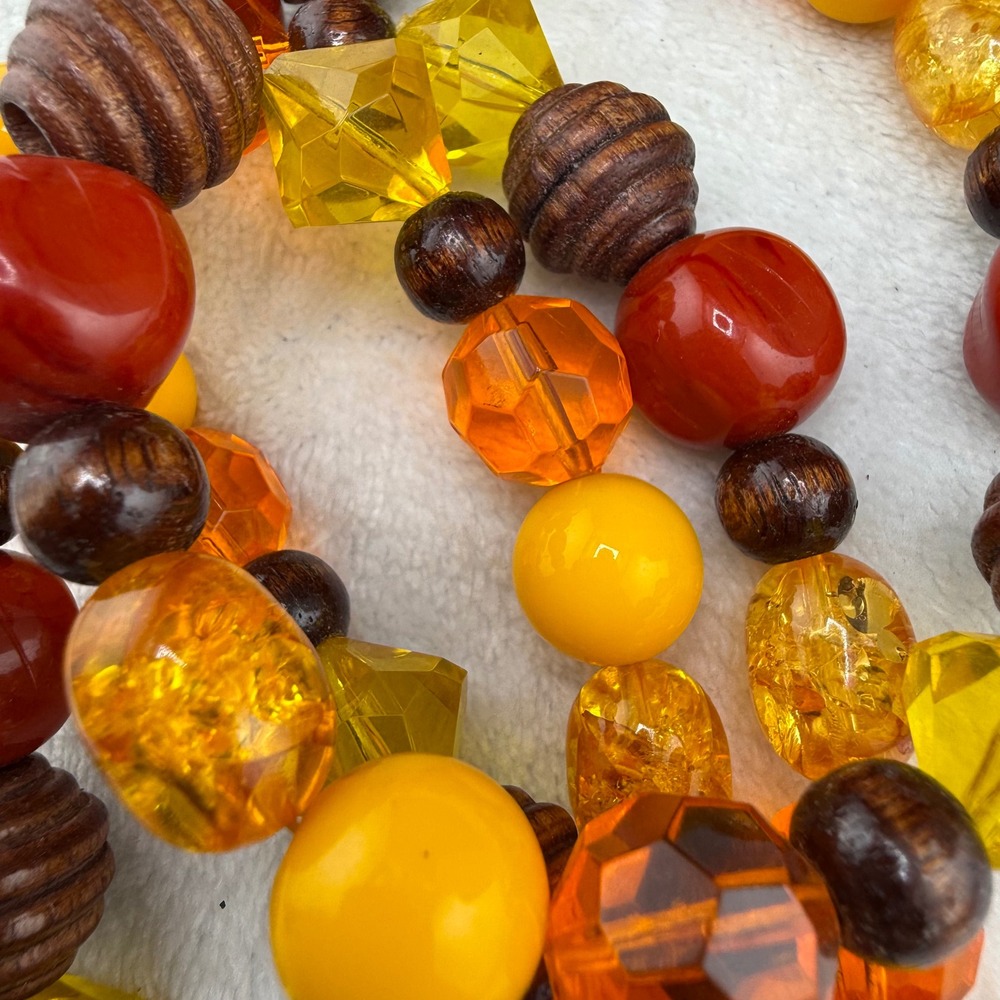 Vintage Monet Necklace Orange Yellow Red Brown Beaded Wood Acrylic 32in READ
